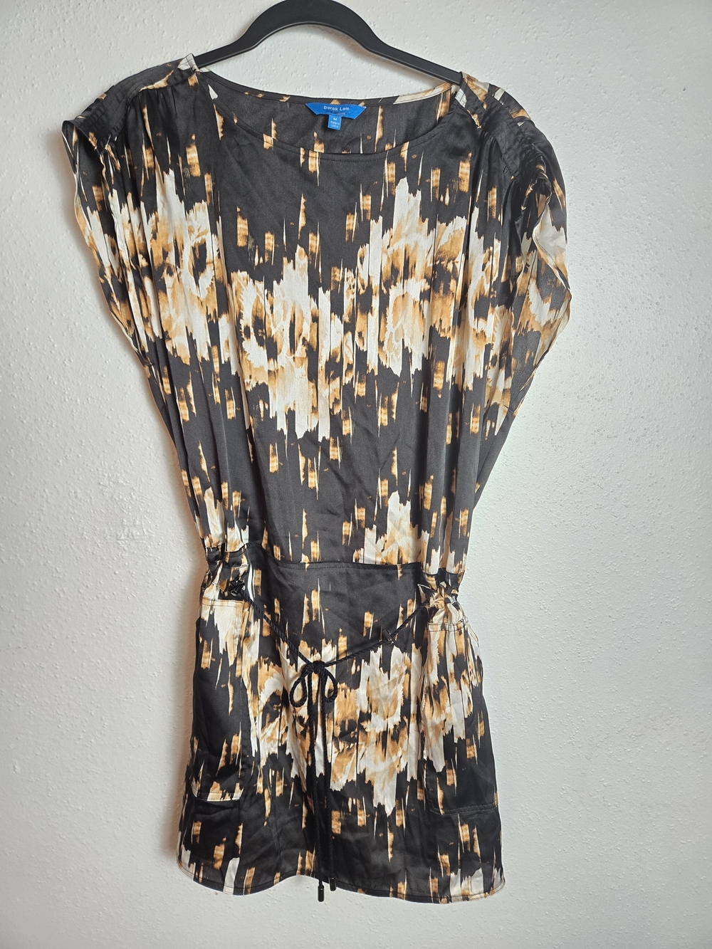 Derek Lam Black Mini Dress with Cream & Tan Brushstroke Print